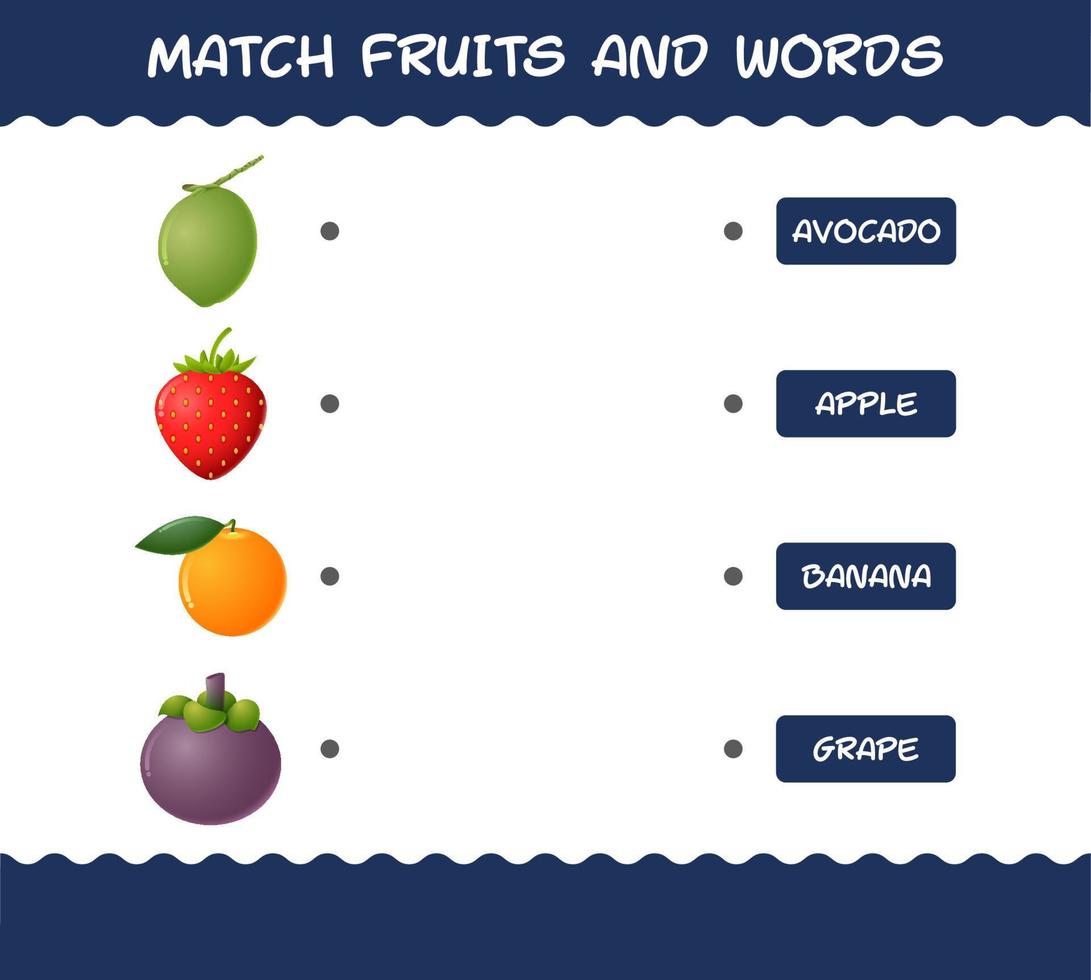 combinar frutas y palabras de dibujos animados. juego de correspondencias. juego educativo para niños de edad preescolar y niños pequeños vector