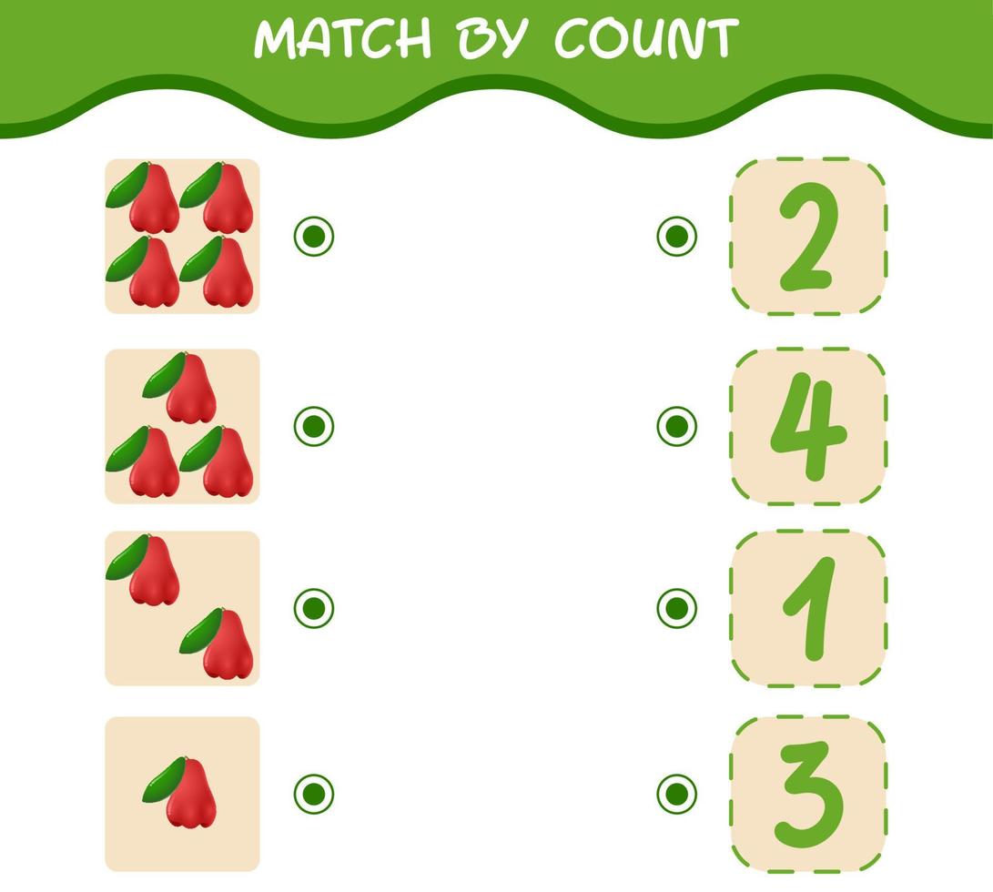 Match by count of cartoon rose apples. Match and count game. Educational game for pre shool years kids and toddlers vector