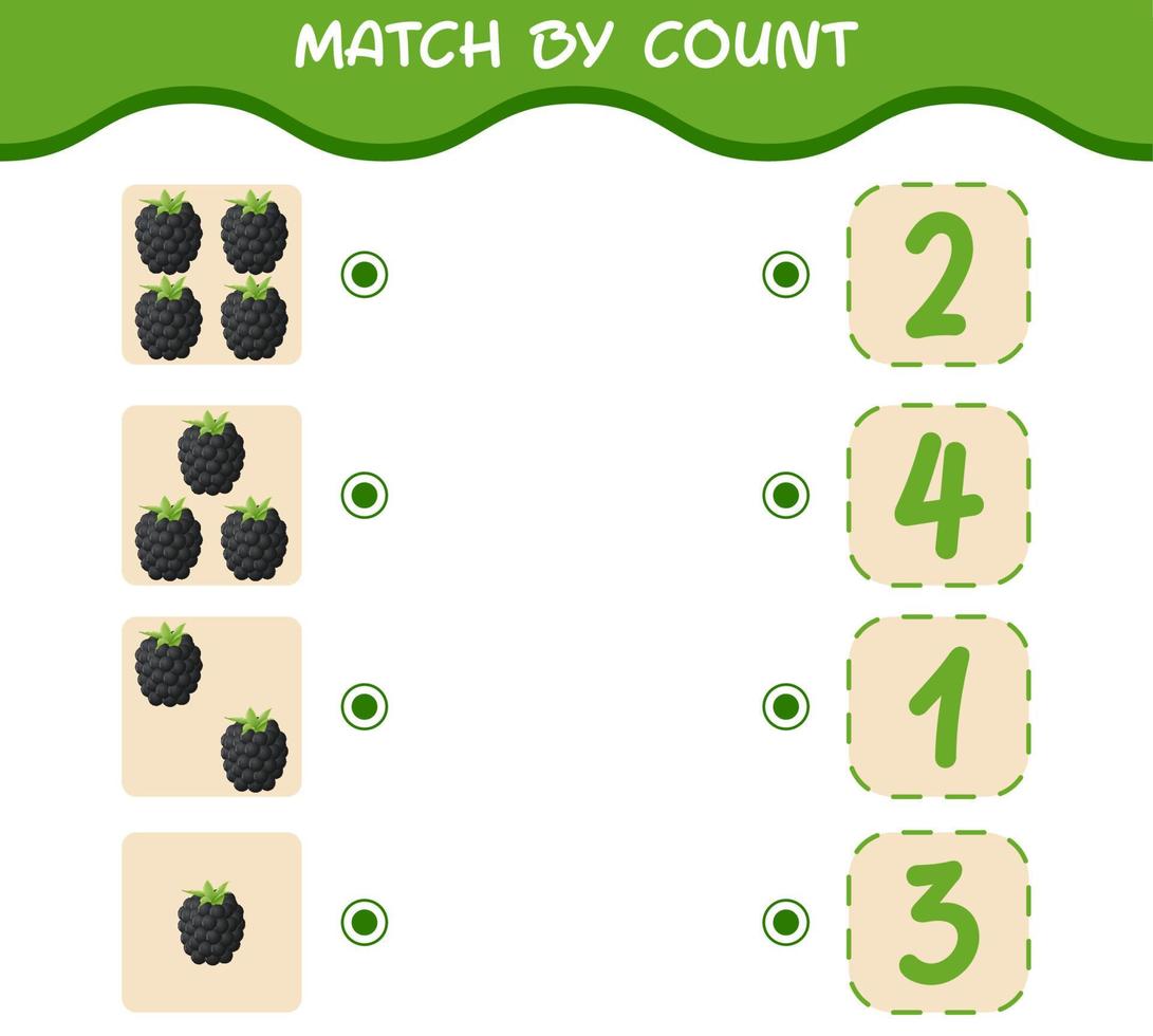 Match by count of cartoon blackberries. Match and count game. Educational game for pre shool years kids and toddlers vector