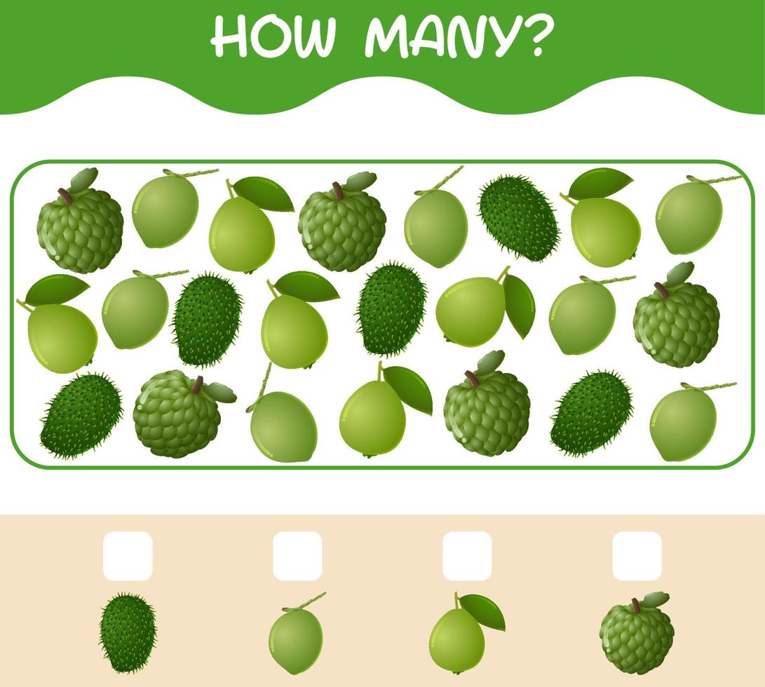 How many cartoon fruits. Counting game. Educational game for pre shool years kids and toddlers vector