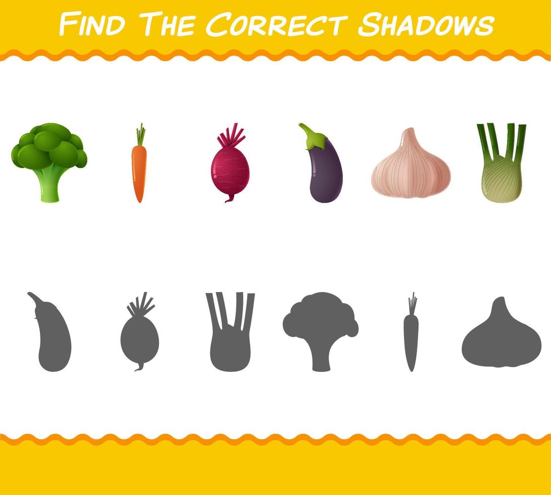 Find the correct shadows of cartoon vegetables . Searching and Matching game. Educational game for pre shool years kids and toddlers vector