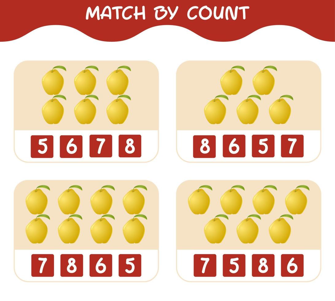 Match by count of cartoon quinces. Match and count game. Educational game for pre shool years kids and toddlers vector