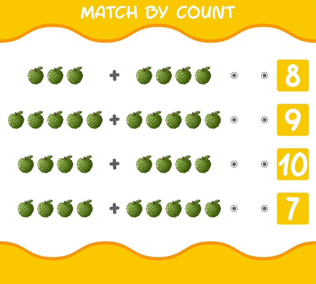 Match by count of cartoon custard apples. Match and count game. Educational game for pre shool years kids and toddlers vector