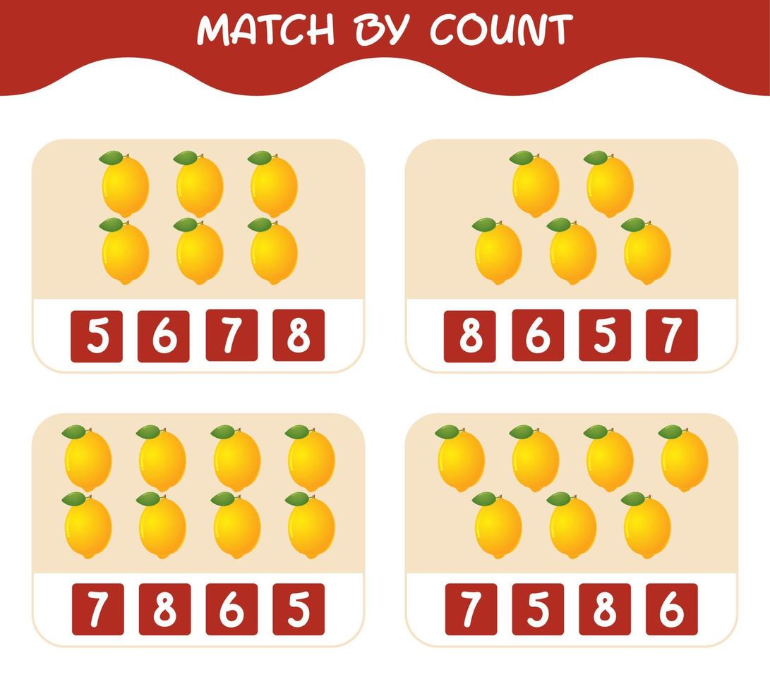 Match by count of cartoon lemons. Match and count game. Educational game for pre shool years kids and toddlers vector