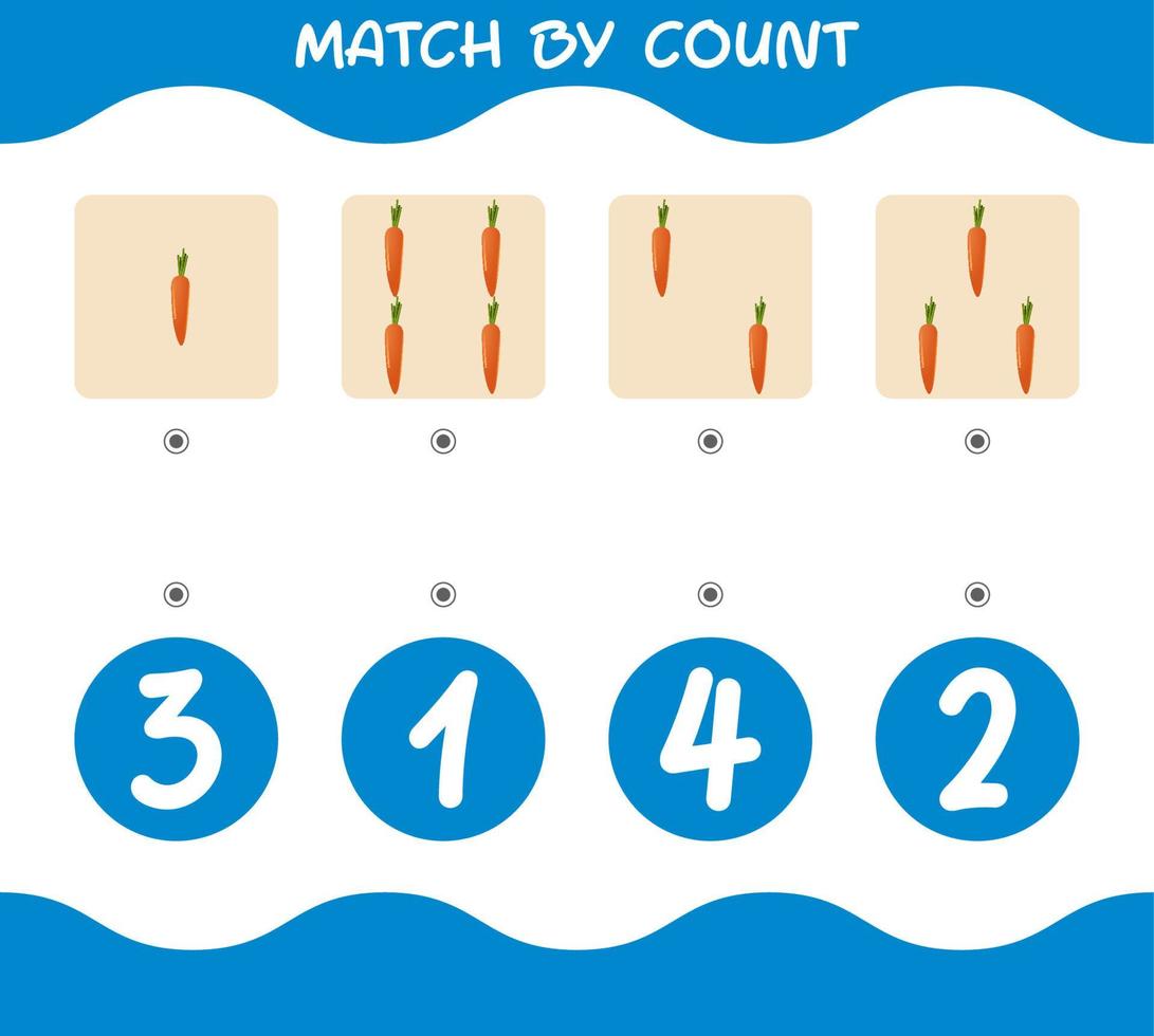 Match by count of cartoon carrots. Match and count game. Educational game for pre shool years kids and toddlers vector