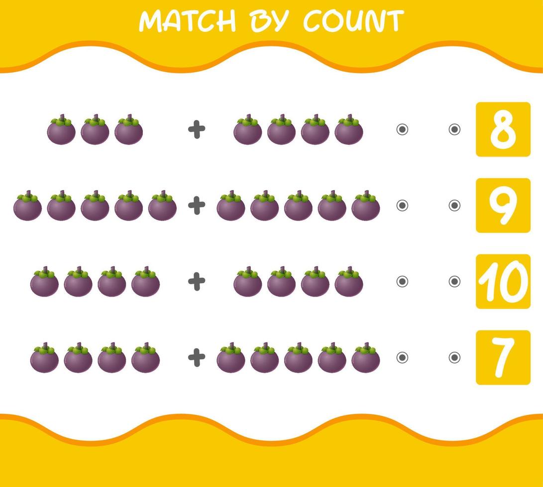 Match by count of cartoon mangosteens. Match and count game. Educational game for pre shool years kids and toddlers vector