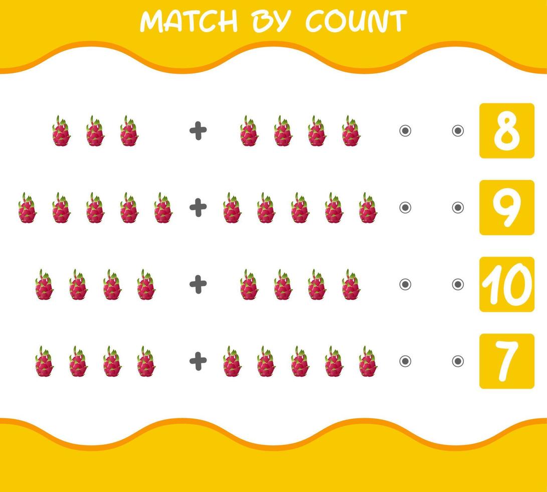 Match by count of cartoon dragon fruits. Match and count game. Educational game for pre shool years kids and toddlers vector