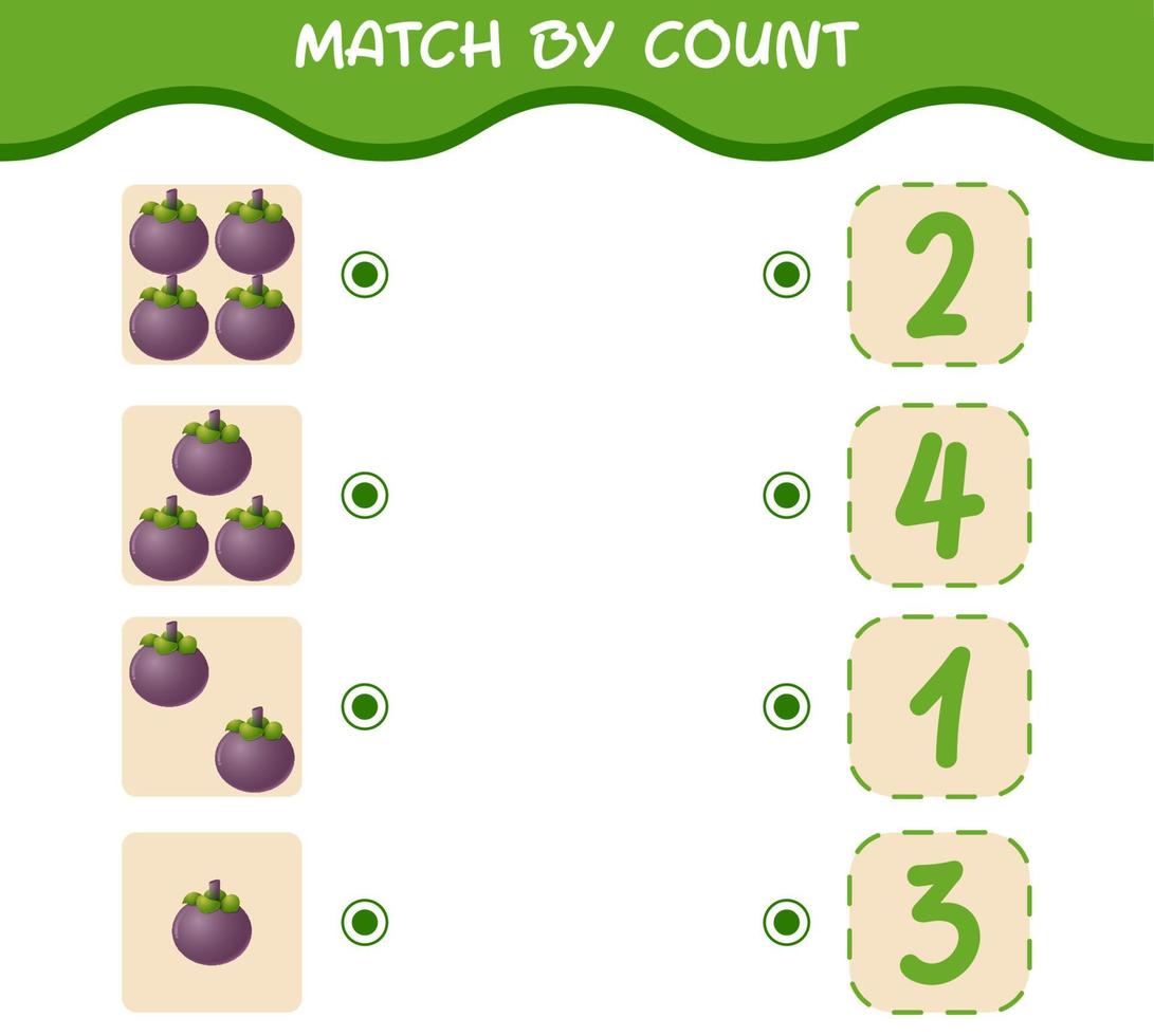 Match by count of cartoon mangosteens. Match and count game. Educational game for pre shool years kids and toddlers vector