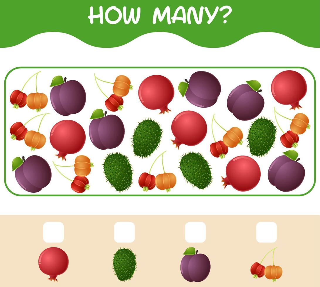 How many cartoon fruits. Counting game. Educational game for pre shool years kids and toddlers vector