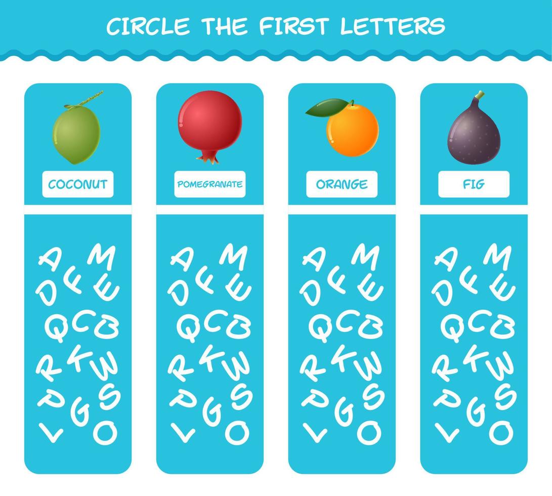 Encierra en un círculo las primeras letras de las frutas de dibujos animados. juego de correspondencias. juego educativo para niños y niños pequeños en edad preescolar vector