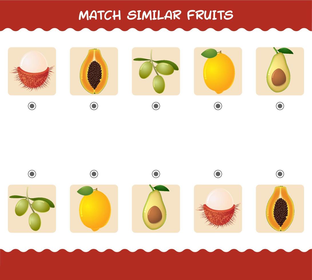 Match similar of cartoon fruits. Matching game. Educational game for pre shool years kids and toddlers vector