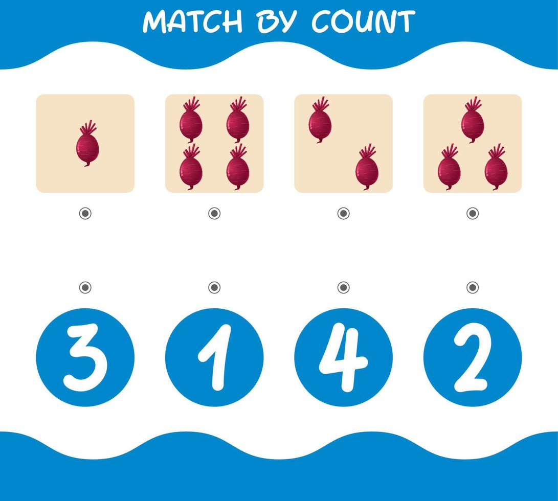 Match by count of cartoon beetroots. Match and count game. Educational game for pre shool years kids and toddlers vector