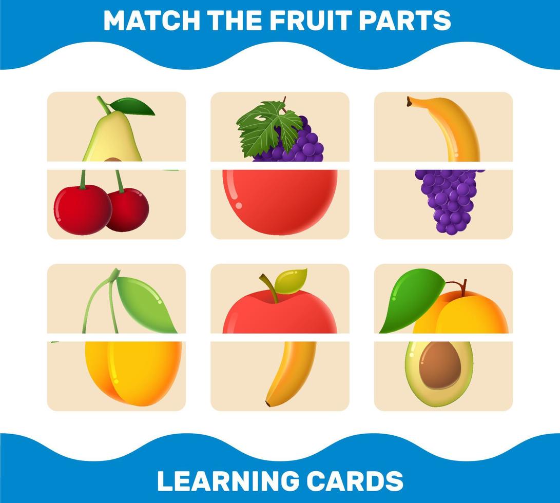 combinar partes de frutas de dibujos animados. juego de correspondencias. juego educativo para niños y niños pequeños en edad preescolar vector