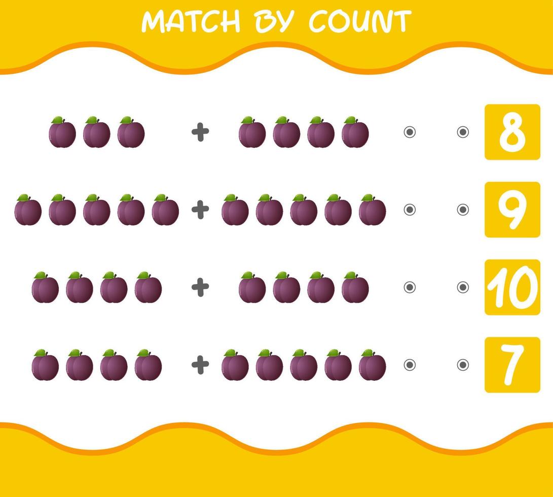 coincidencia por conteo de ciruelas de dibujos animados. juego de emparejar y contar. juego educativo para niños y niños pequeños en edad preescolar vector