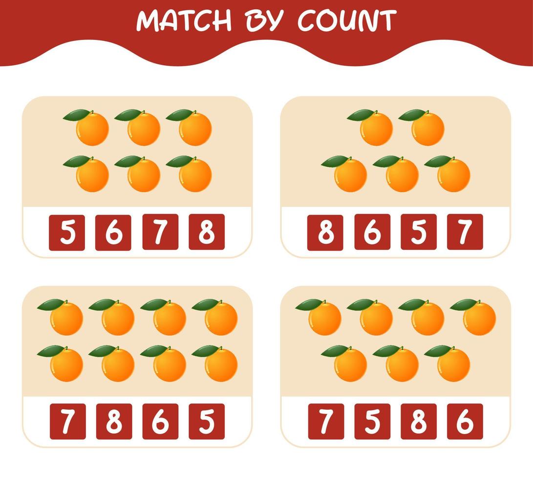 Match by count of cartoon oranges. Match and count game. Educational game for pre shool years kids and toddlers vector