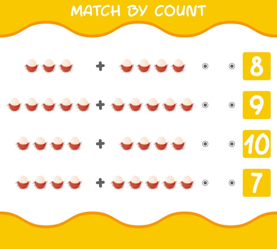 Match by count of cartoon rambutans. Match and count game. Educational game for pre shool years kids and toddlers vector