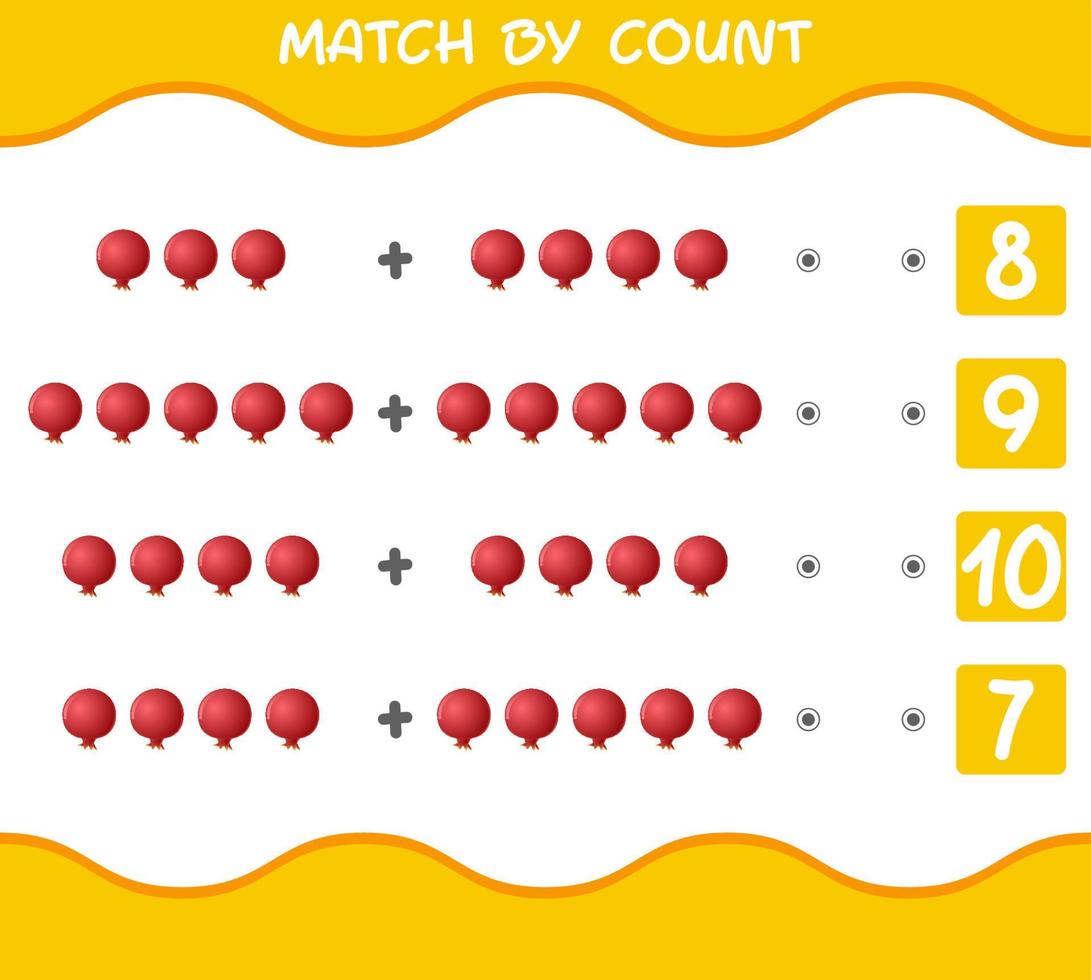 Match by count of cartoon pomegranates. Match and count game. Educational game for pre shool years kids and toddlers vector