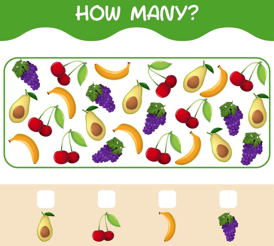 How many cartoon fruits. Counting game. Educational game for pre shool years kids and toddlers vector