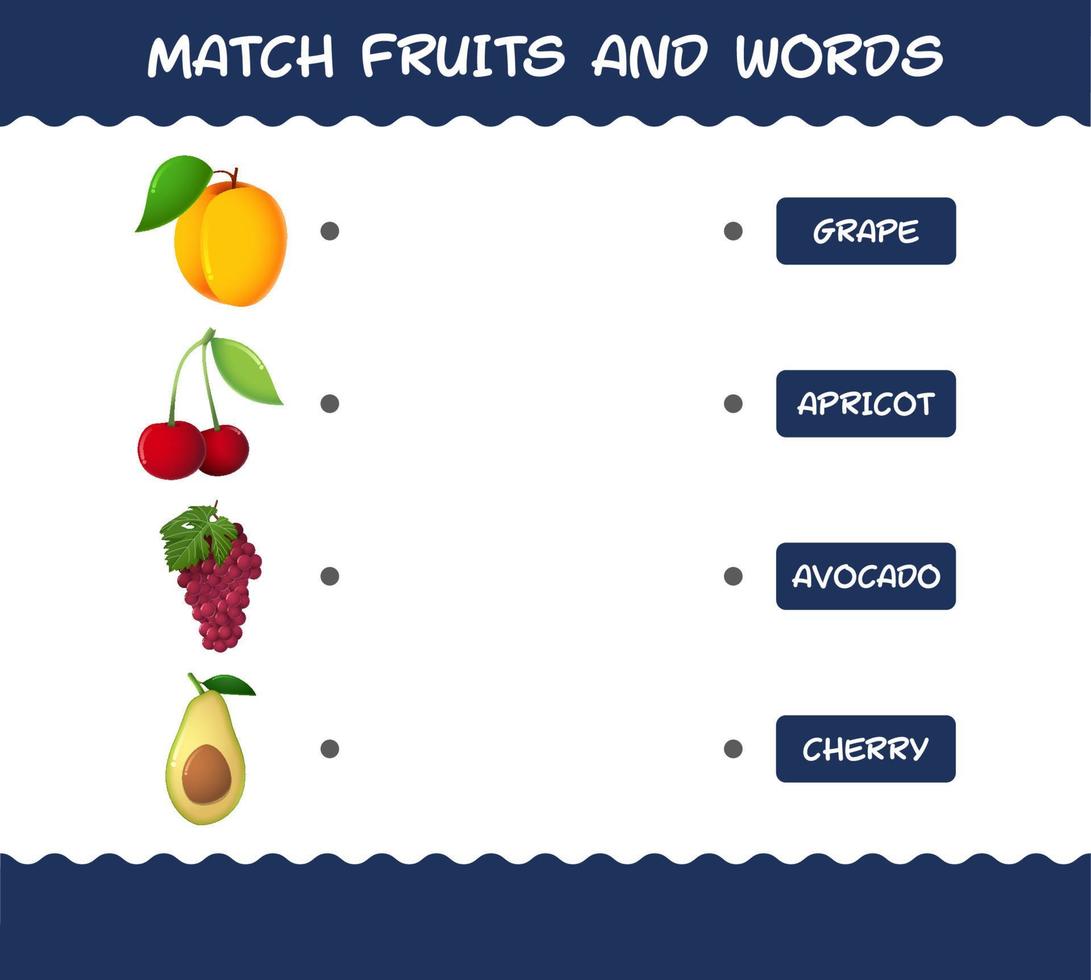 Match cartoon fruits and words. Matching game. Educational game for pre shool years kids and toddlers vector