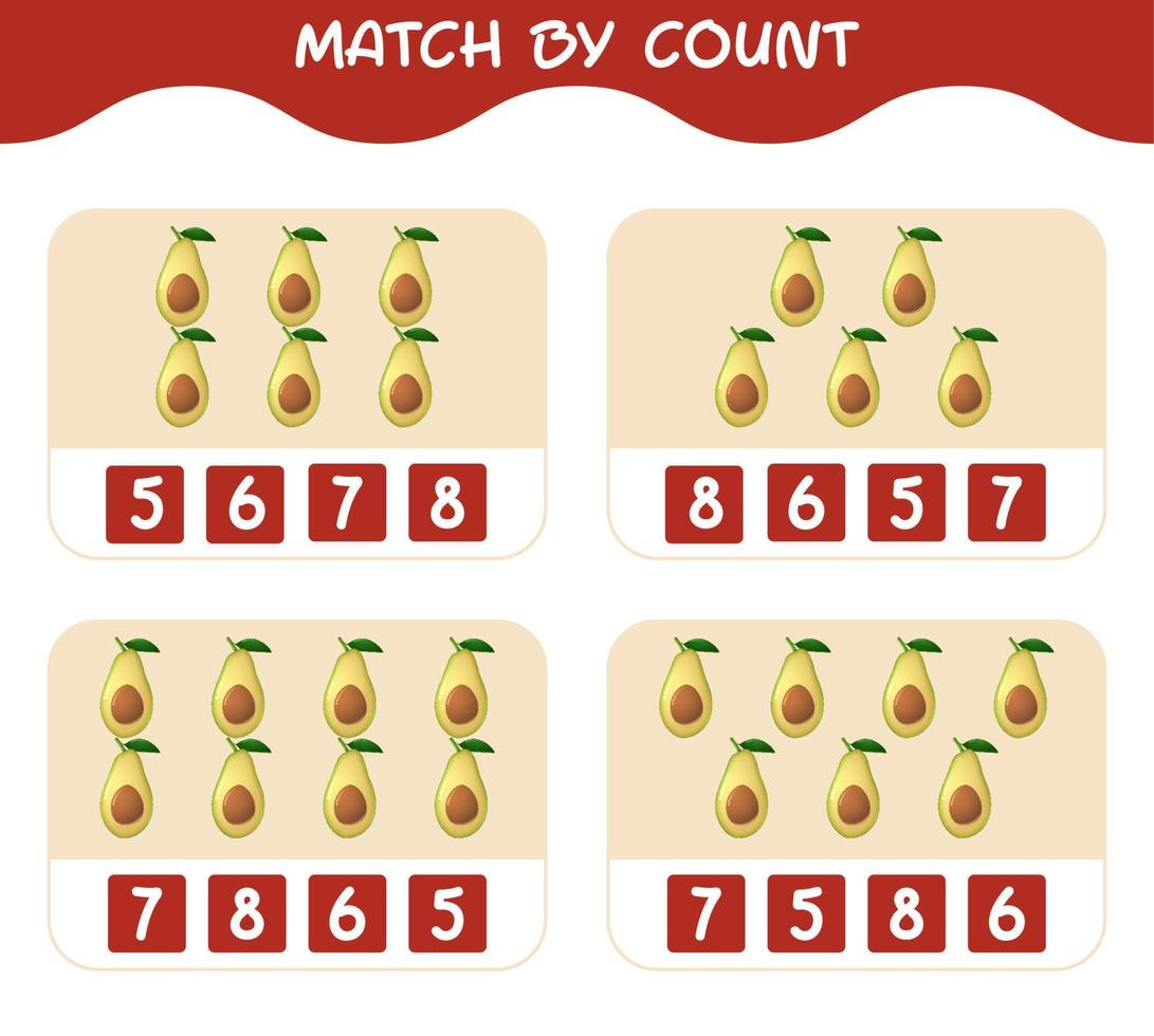 Match by count of cartoon avocados. Match and count game. Educational game for pre shool years kids and toddlers vector