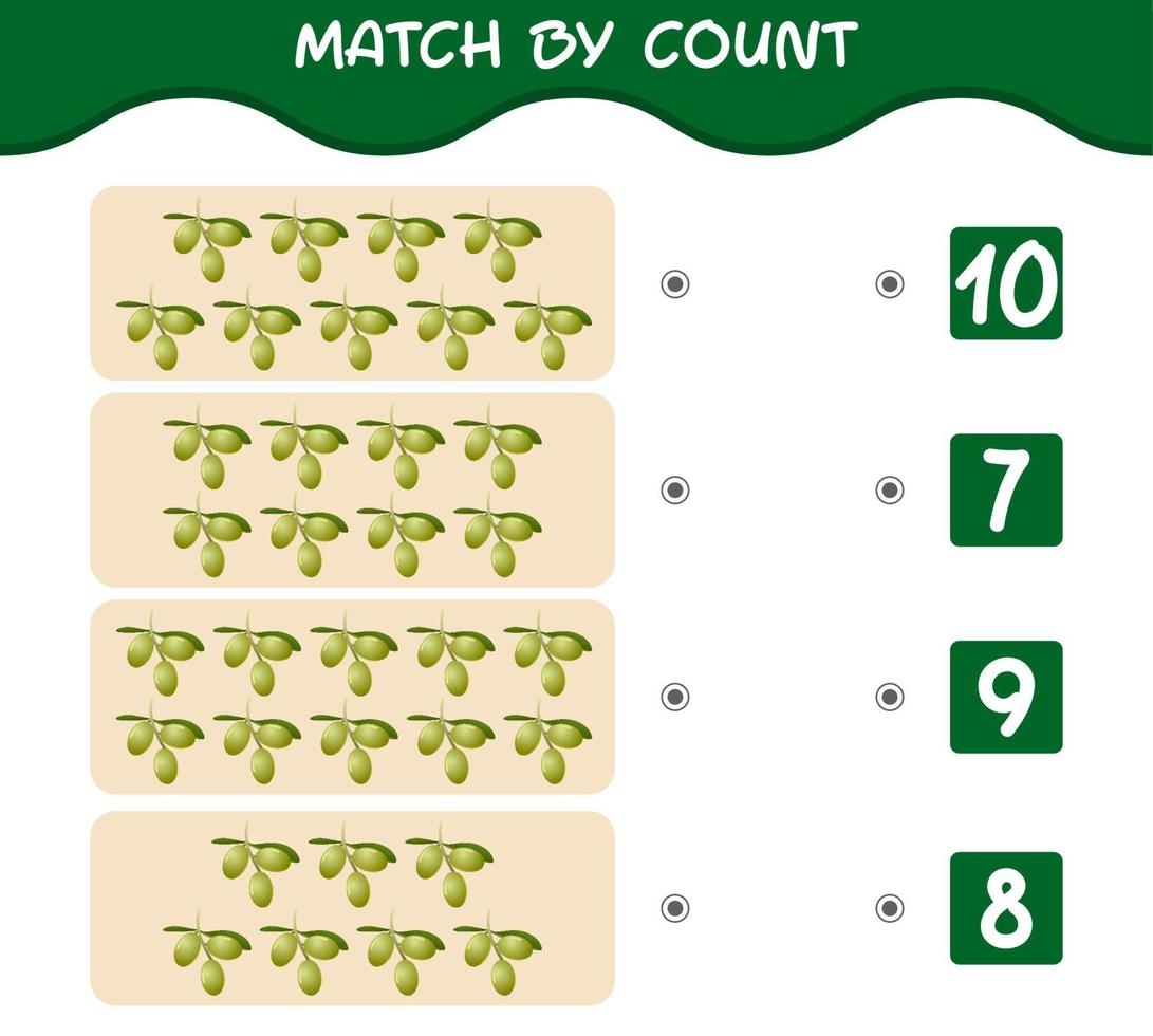 Match by count of cartoon olives. Match and count game. Educational game for pre shool years kids and toddlers vector