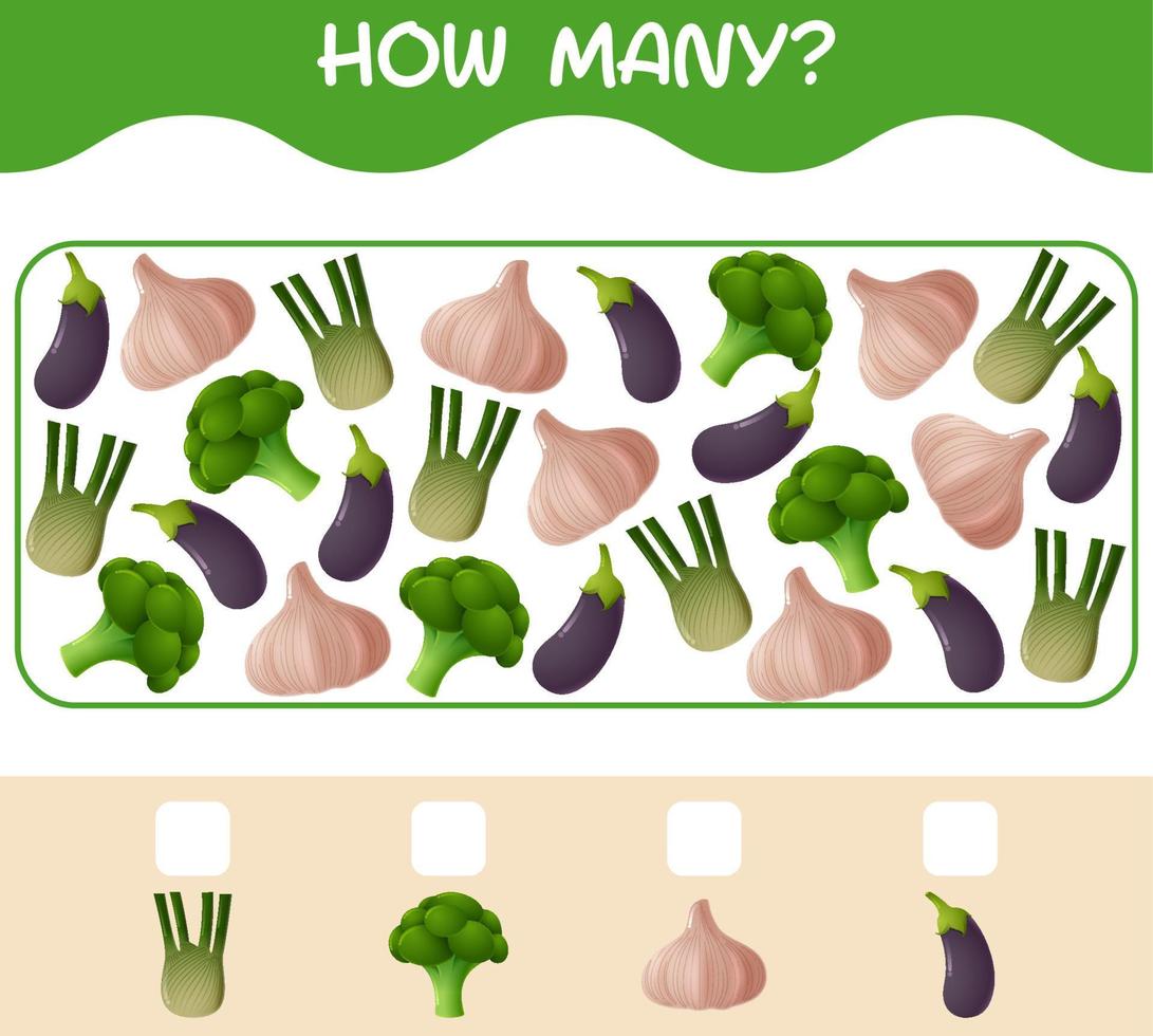 How many cartoon vegetables. Counting game. Educational game for pre shool years kids and toddlers vector