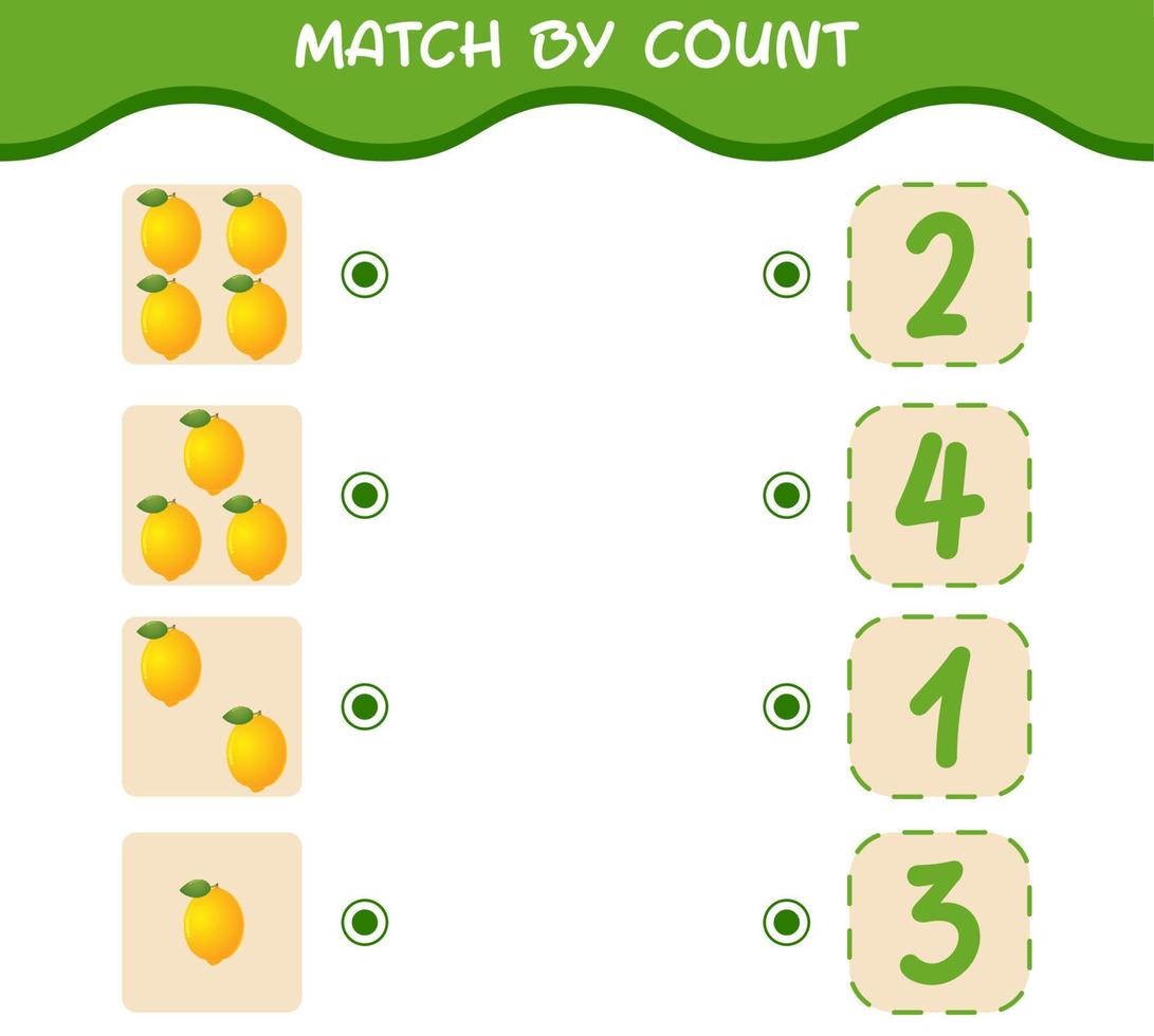 Match by count of cartoon lemons. Match and count game. Educational game for pre shool years kids and toddlers vector