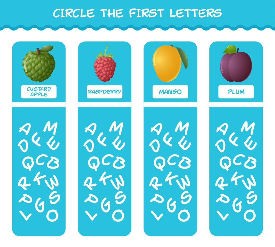 Encierra en un círculo las primeras letras de las frutas de dibujos animados. juego de correspondencias. juego educativo para niños y niños pequeños en edad preescolar vector