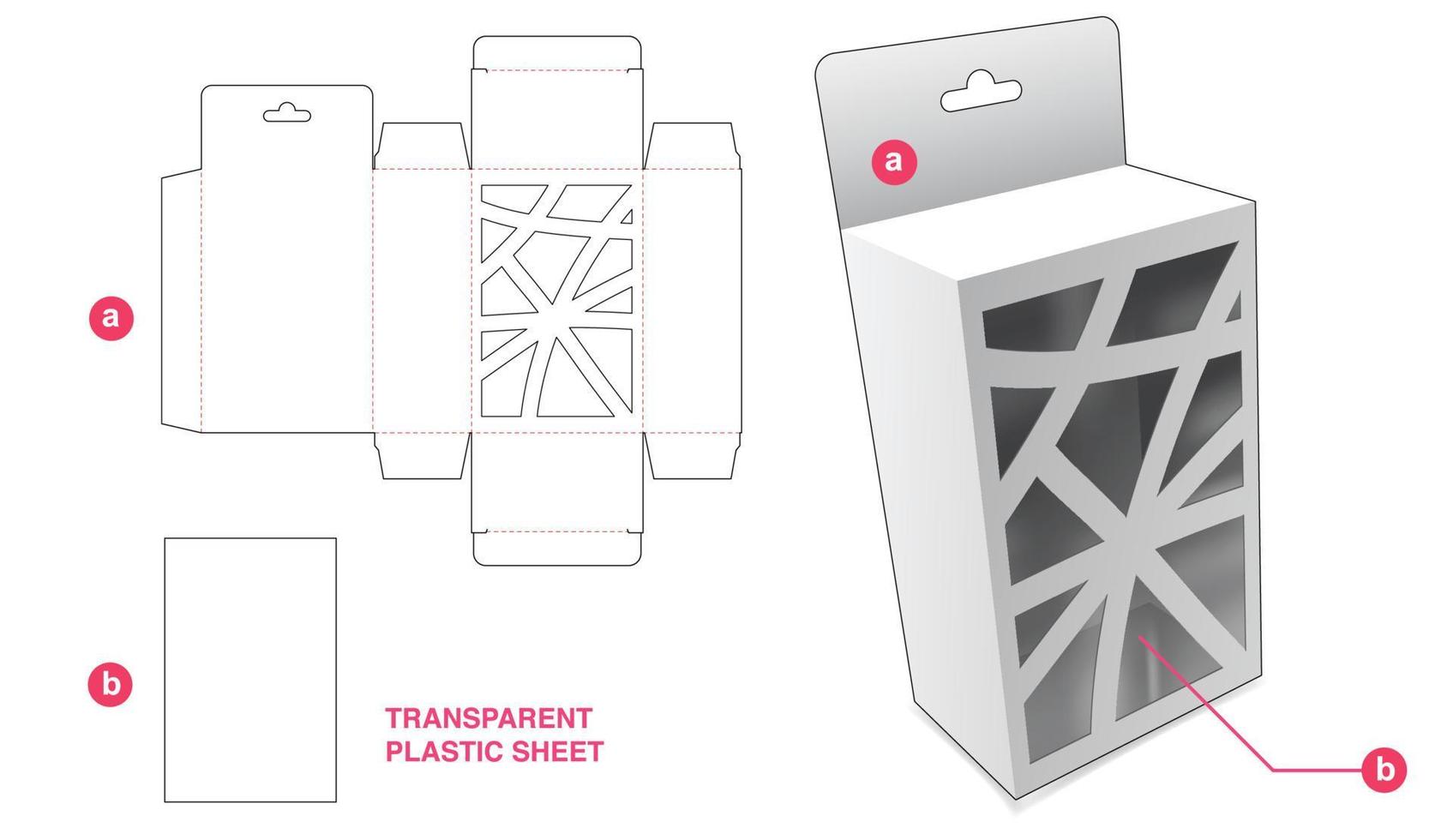 caja colgante de cartón con ventana abstracta y plantilla troquelada de lámina de plástico transparente vector