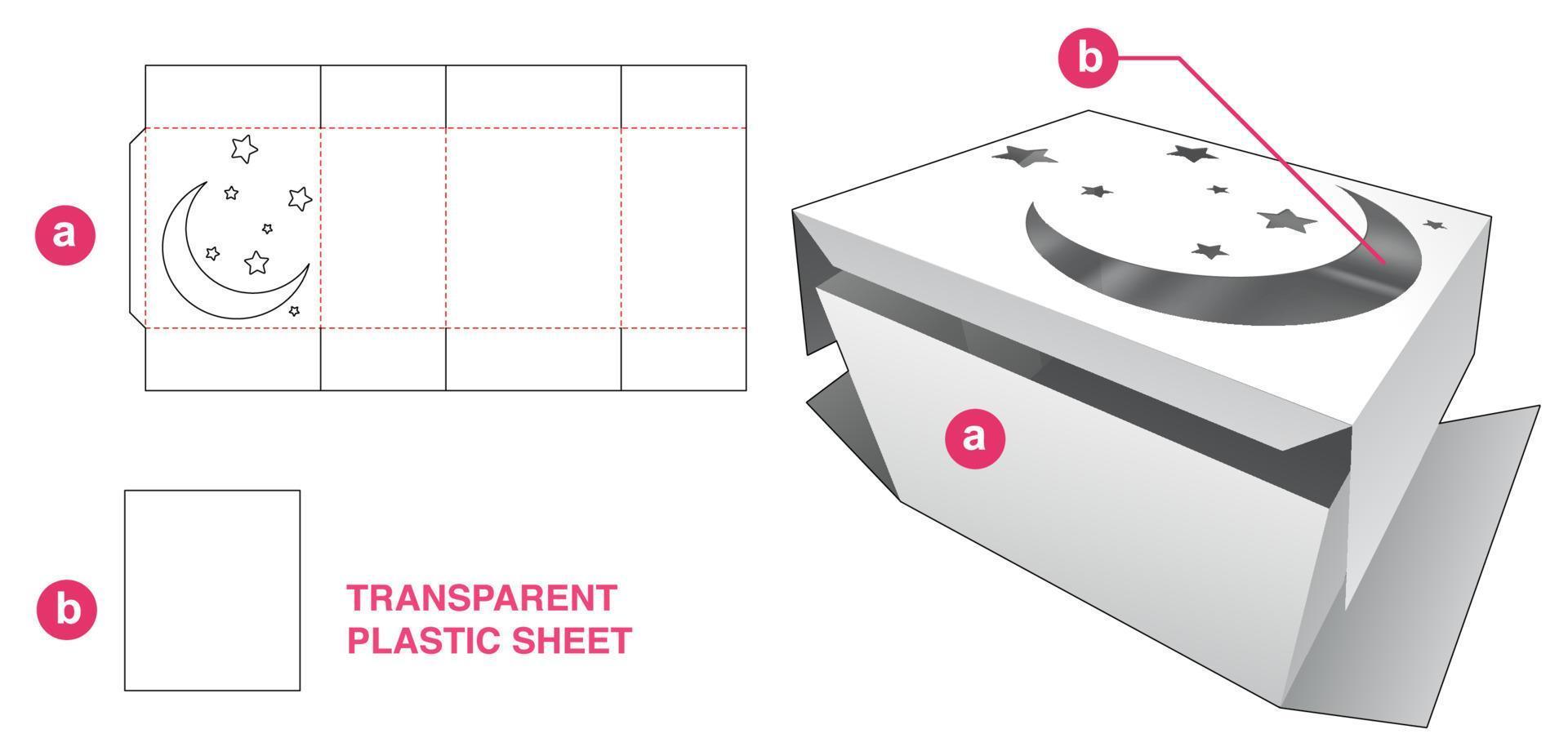 Cardboard folding box with moon and stars window and transparent plastic sheet die cut template vector