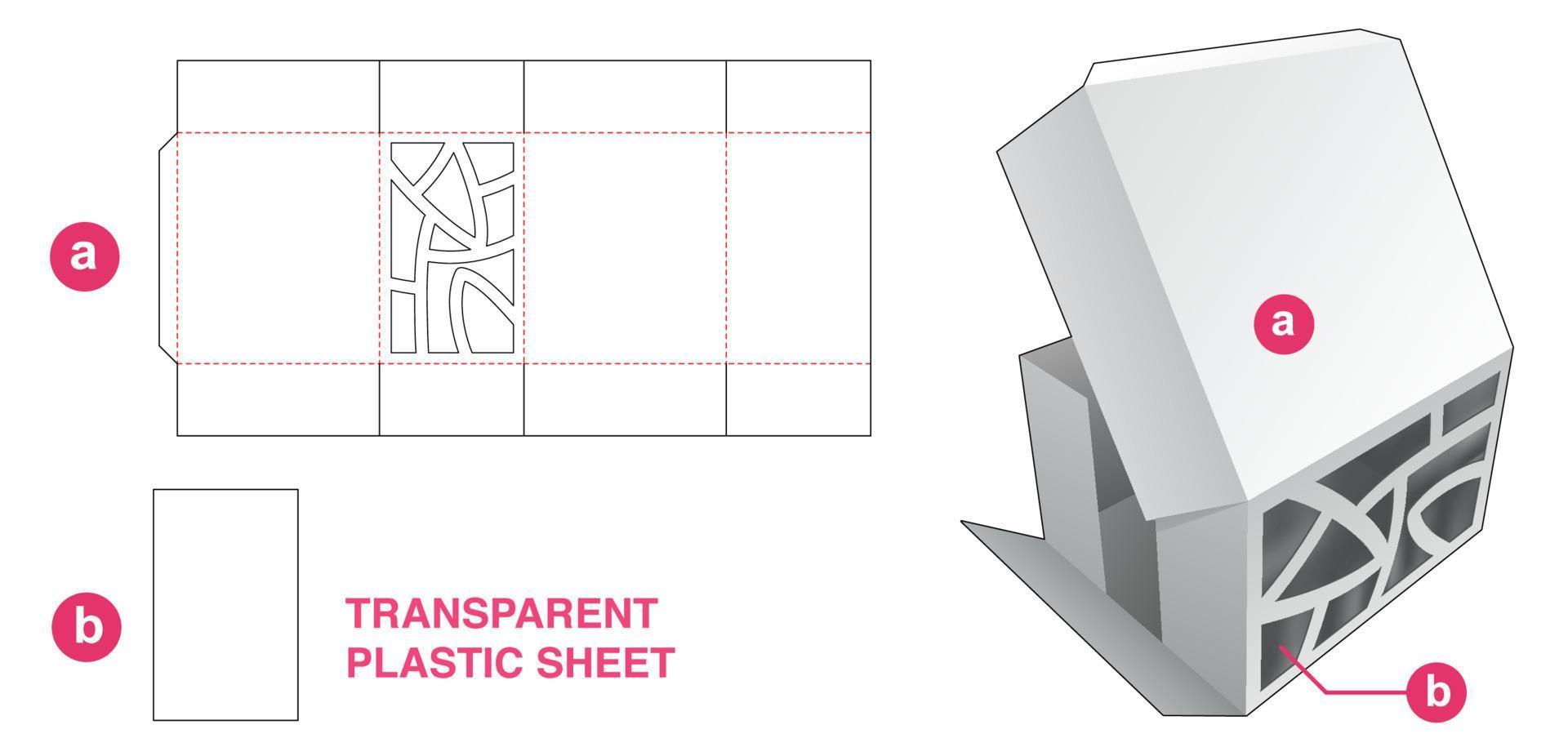 Cardboard folding box with abstract window and transparent plastic sheet die cut template vector