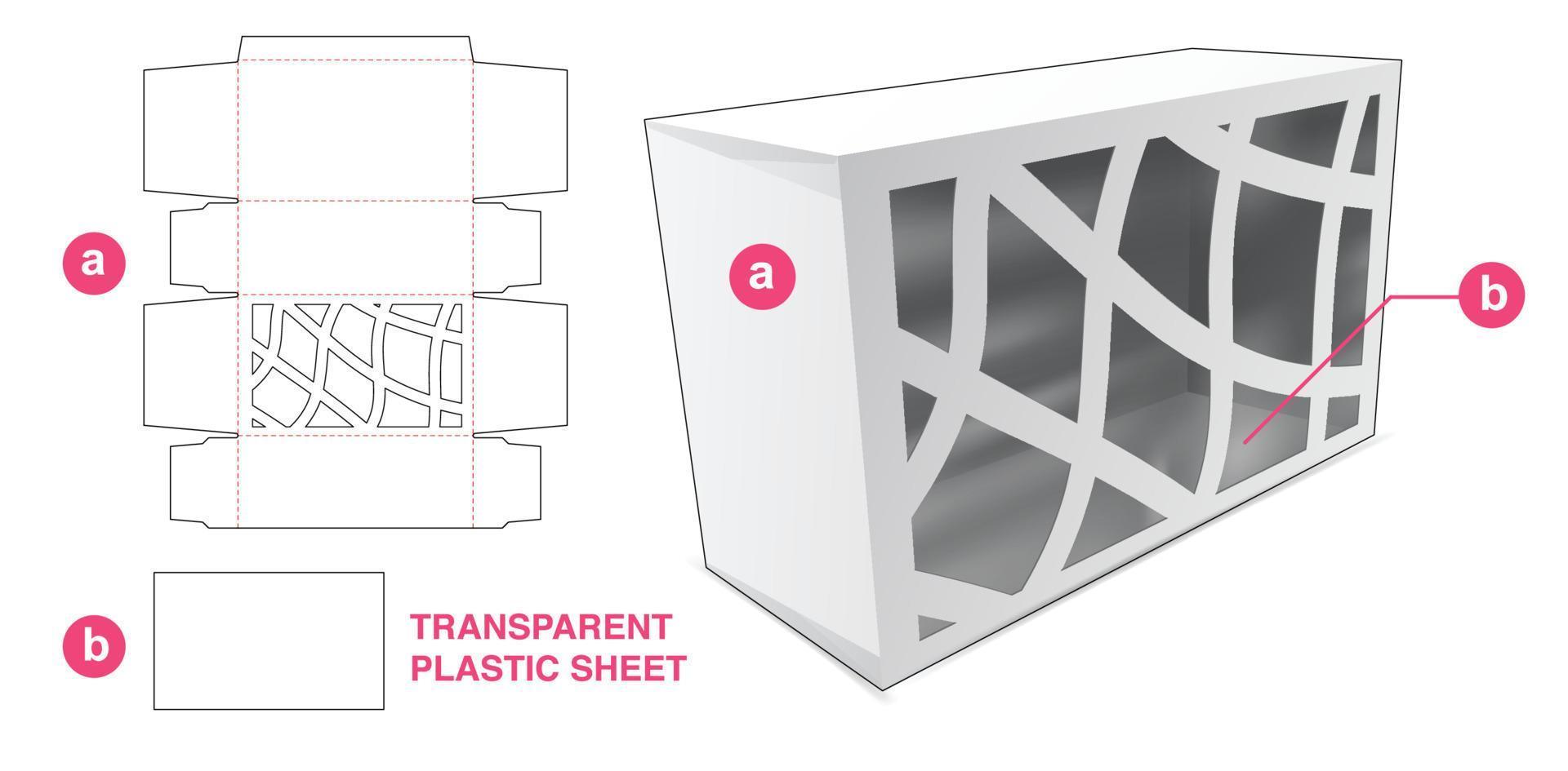 Cardboard packaging with abstract window and transparent plastic sheet die cut template vector