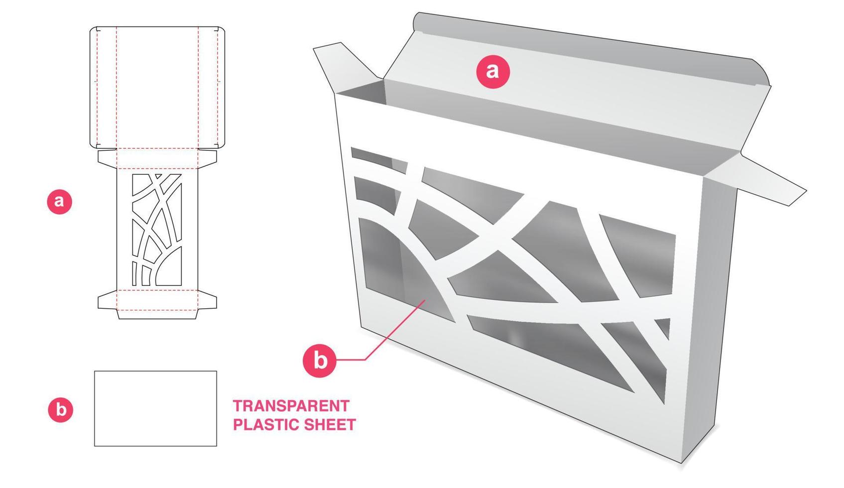 Cardboard tin box with abstract window and transparent plastic sheet die cut template vector