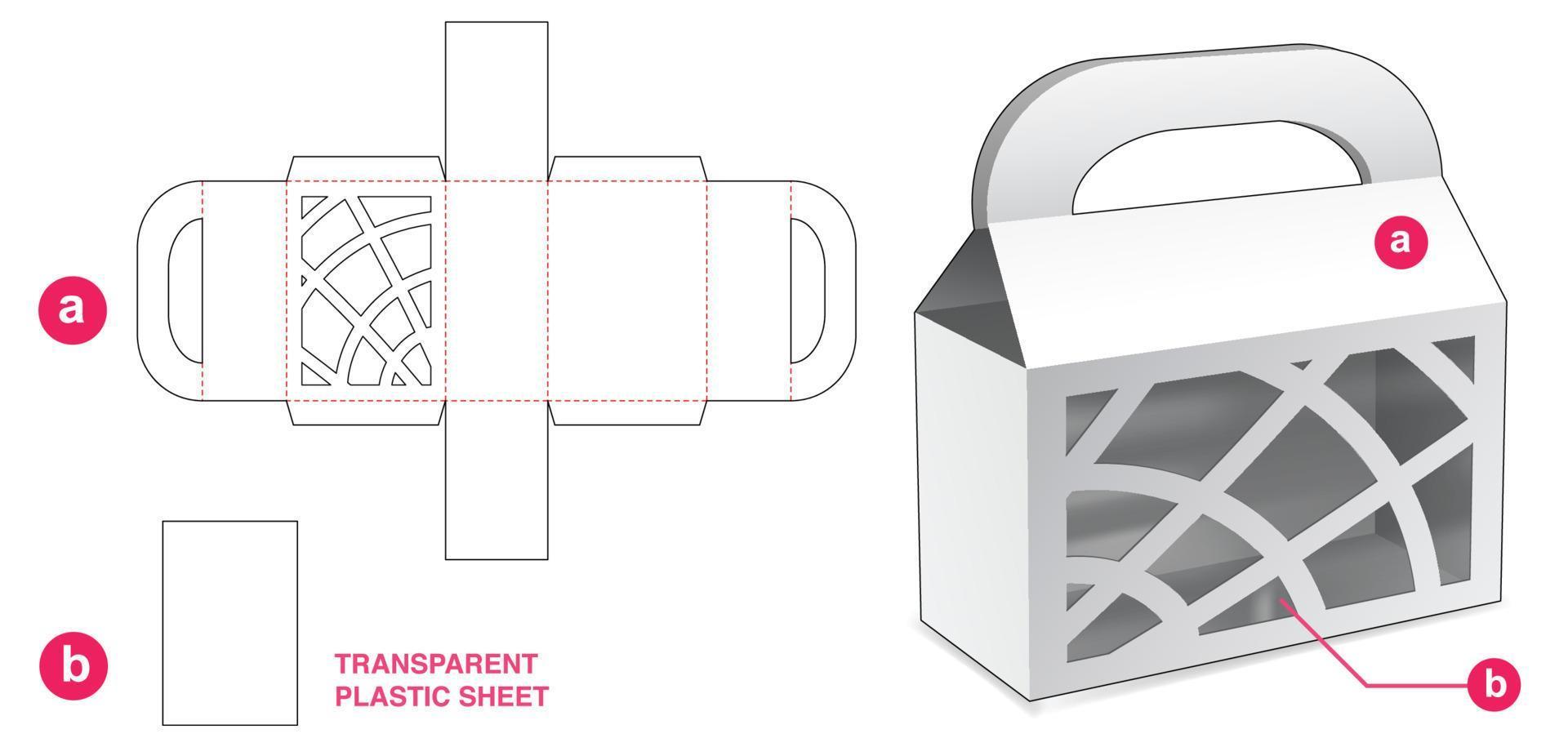 Cardboard handle bag box with abstract window and plastic sheet die cut template vector