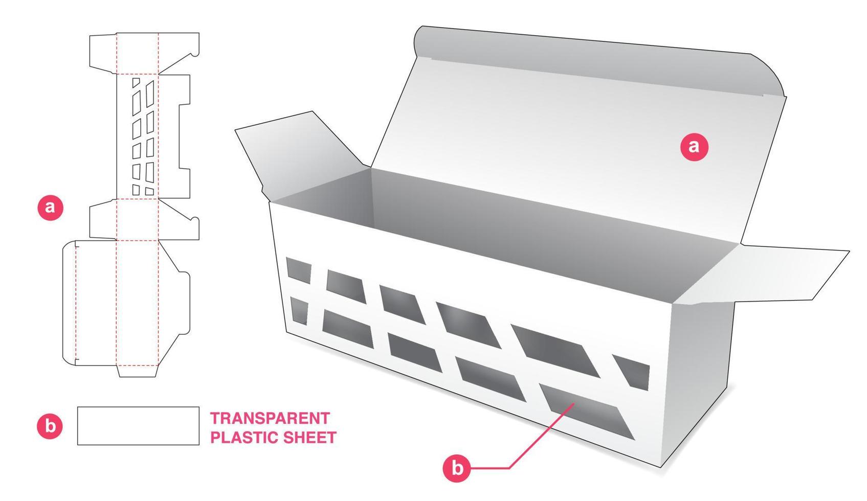 Cardboard short box abstract window and transparent plastic sheet die cut template vector