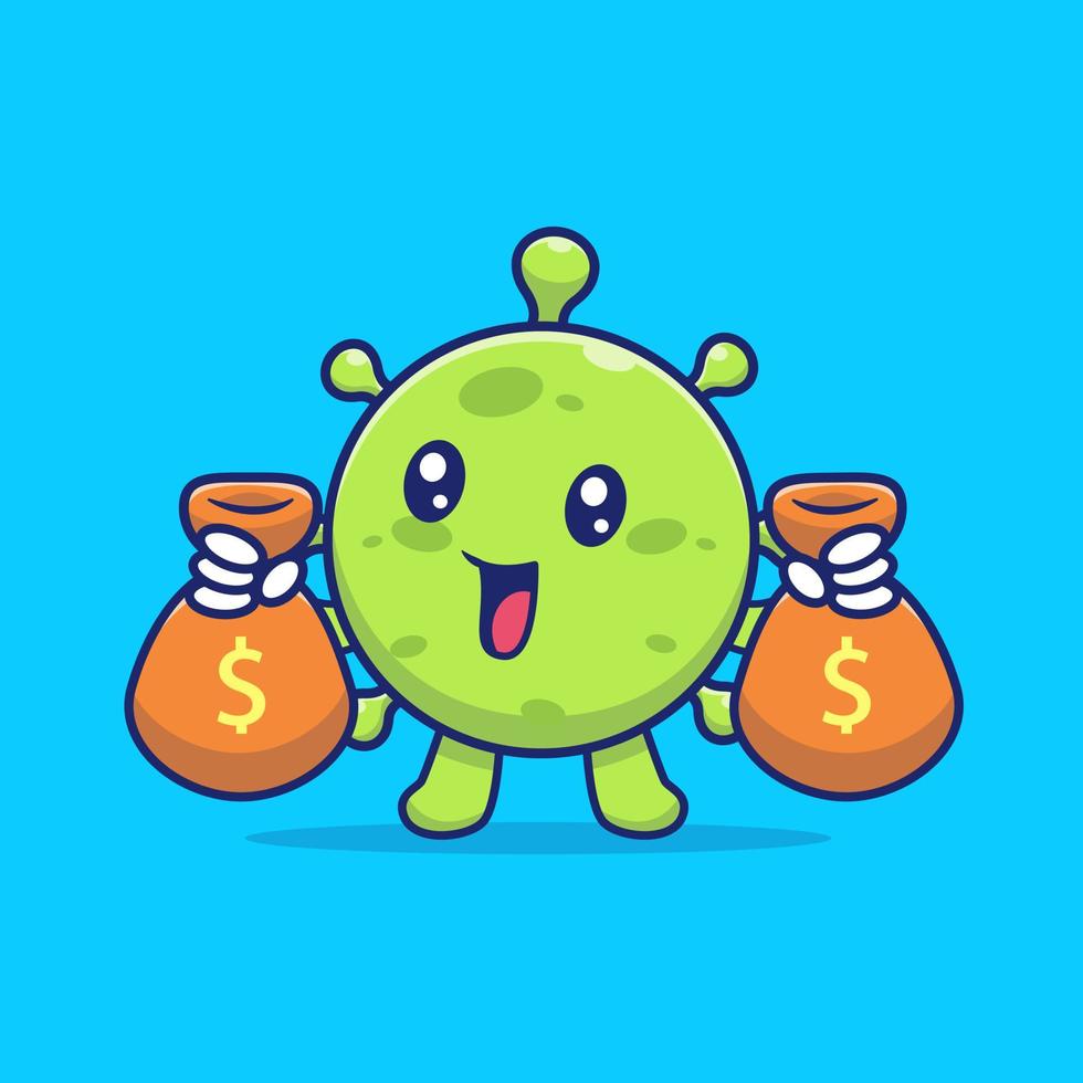 virus lindo con ilustración de icono de vector de dibujos animados de bolsa de dinero. concepto de icono financiero médico vector premium aislado. estilo de dibujos animados plana