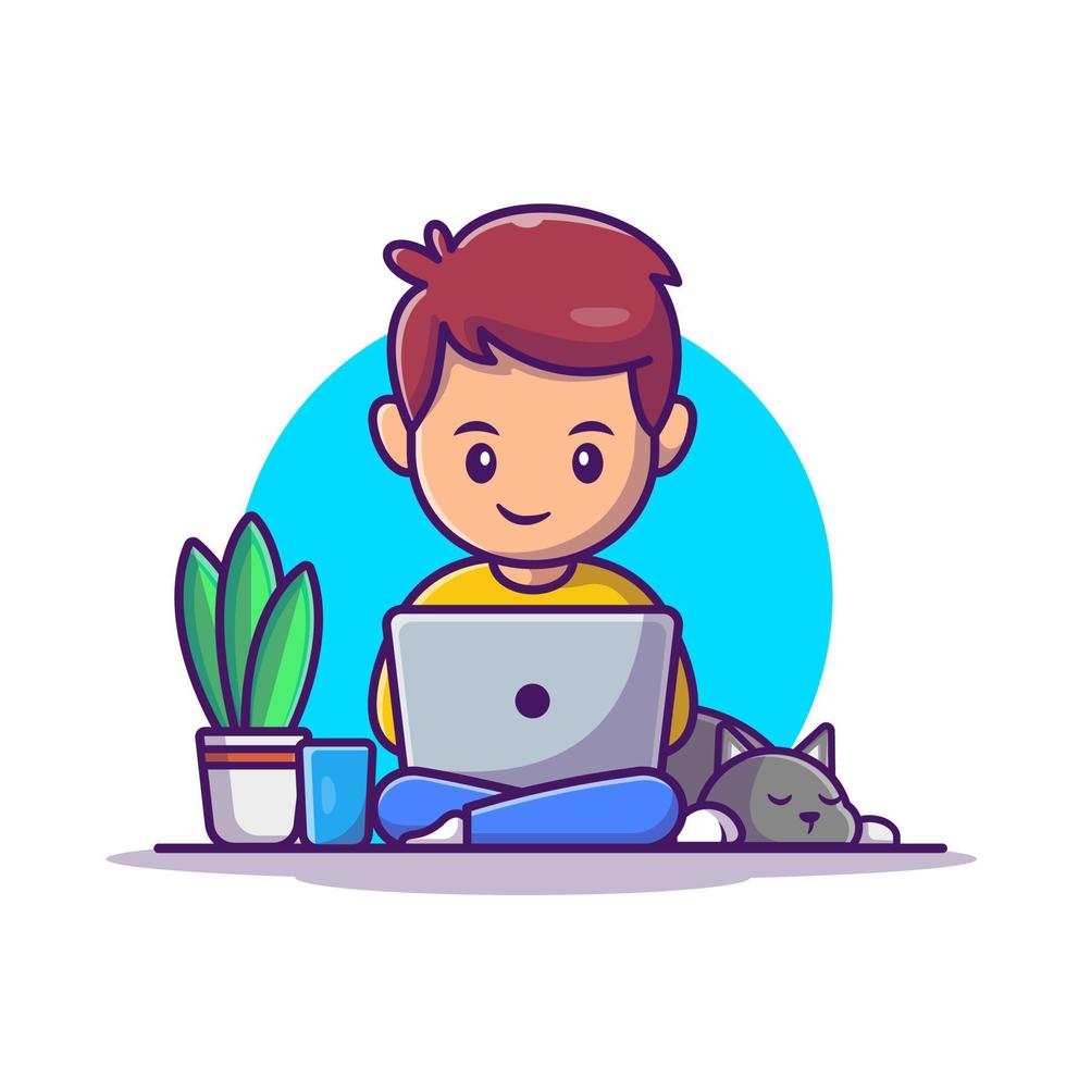 hombre trabajando en una computadora portátil con ilustración de icono de vector de dibujos animados de gato. concepto de icono de tecnología de personas vector premium aislado. estilo de dibujos animados plana