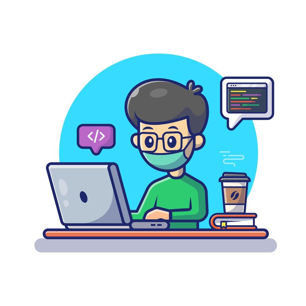 Male Working On Laptop With Mask Cartoon Vector Icon  Illustration. People Technology Icon Concept Isolated  Premium Vector. Flat Cartoon Style