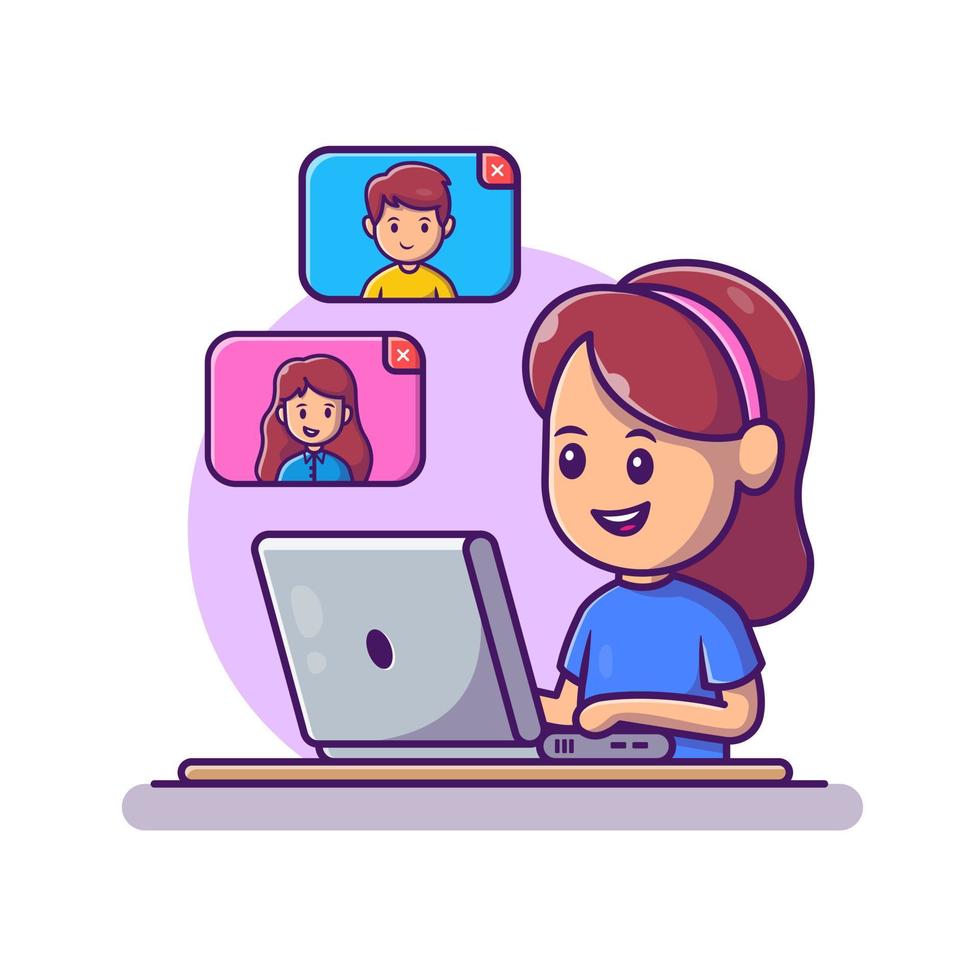Linda videollamada de chica en la ilustración del icono del vector de dibujos animados de la computadora portátil. concepto de icono de tecnología de personas vector premium aislado. estilo de dibujos animados plana
