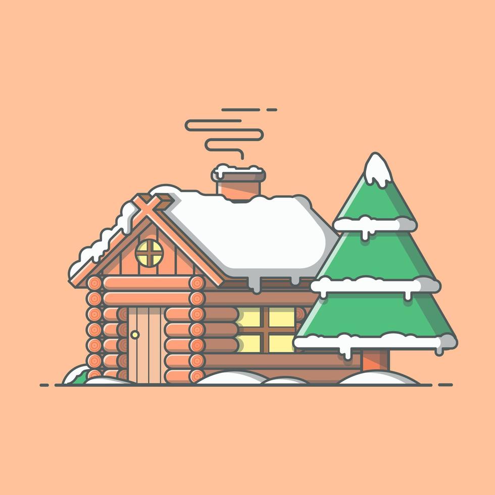 Snow Cabin in Winter Cartoon Vector Icon Illustration.  Building Holidays Icon Concept Isolated Premium Vector. Flat  Cartoon Style