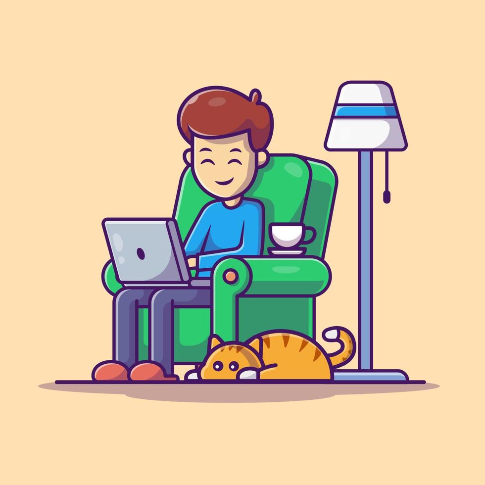 hombre trabajando en una computadora portátil con ilustración de icono de vector de dibujos animados de gato. concepto de icono de tecnología de personas vector premium aislado. estilo de dibujos animados plana