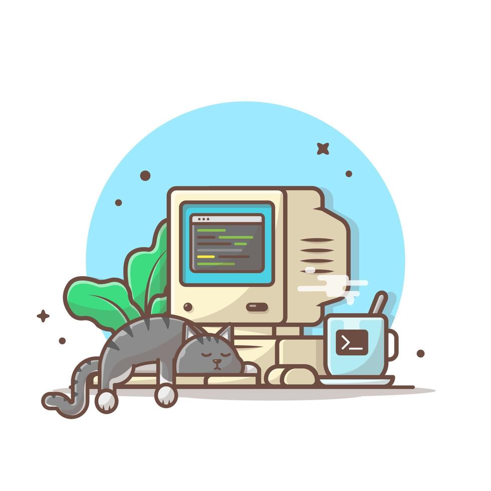 gato con ilustración de icono de vector de dibujos animados de computadora y café. concepto de icono de tecnología animal vector premium aislado. estilo de dibujos animados plana