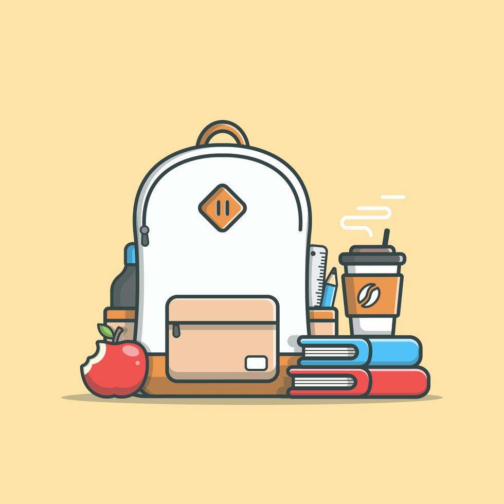 Bag, Book, Apple And Coffee Cartoon Vector Icon Illustration. Education Food Icon Concept Isolated Premium Vector. Flat Cartoon Style