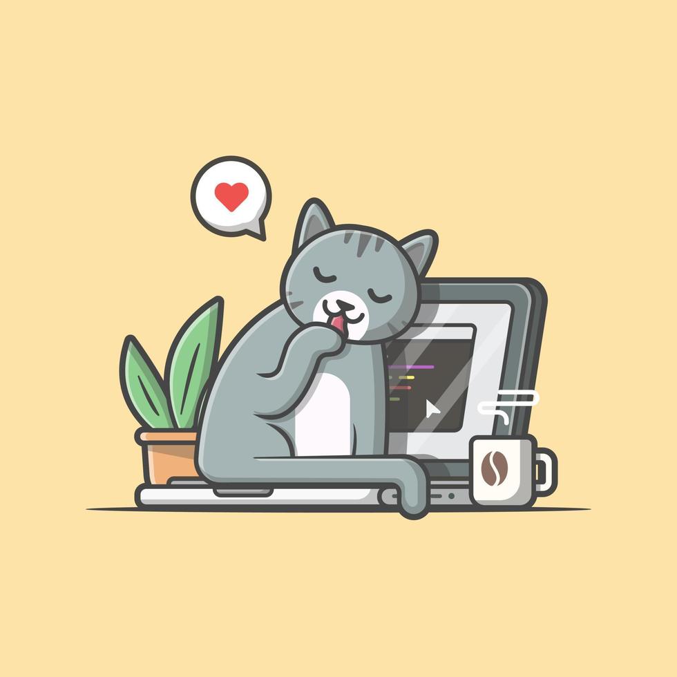gato con ilustración de icono de vector de dibujos animados portátil. concepto de icono de tecnología animal vector premium aislado. estilo de dibujos animados plana