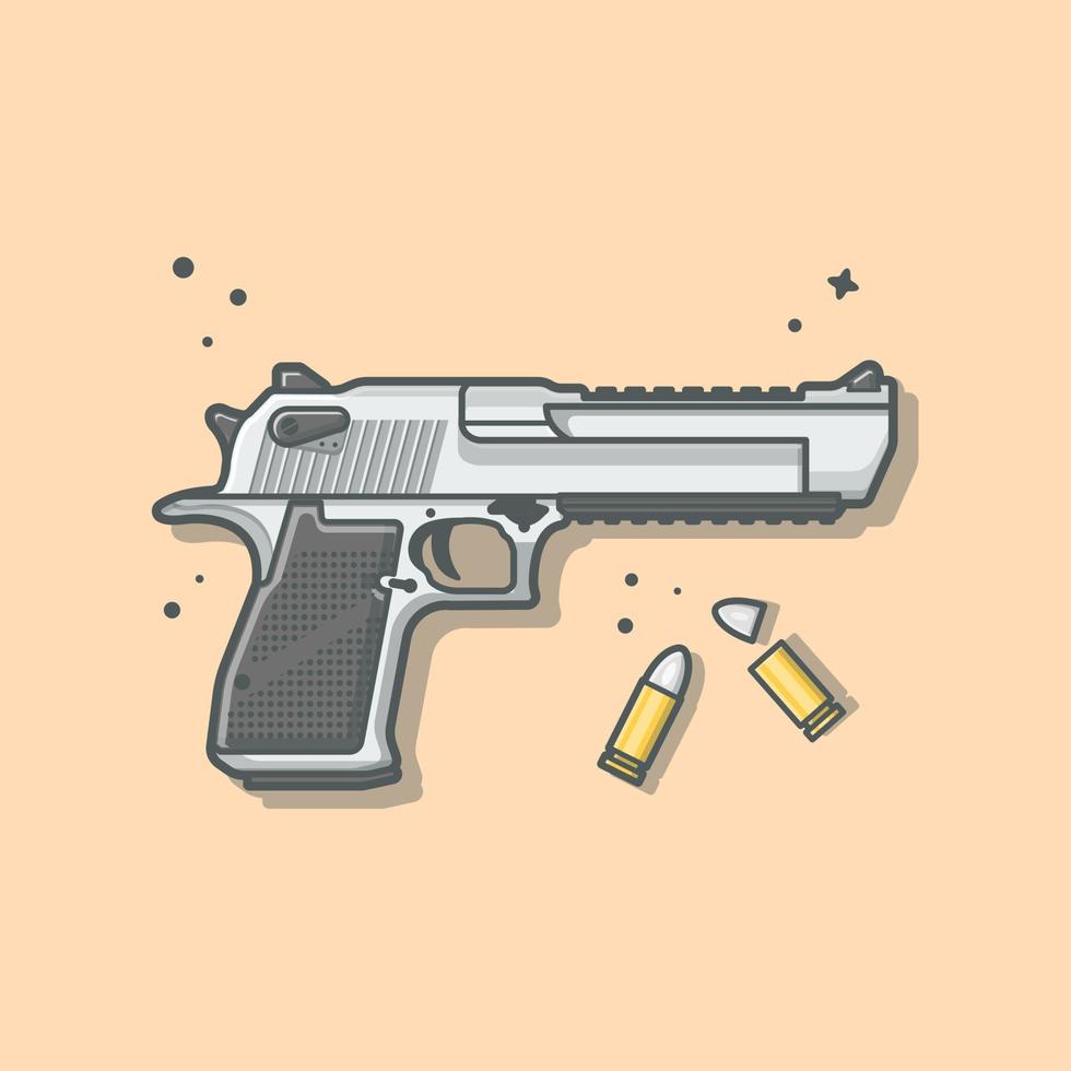 Pistol Gun with Bullets Cartoon Vector Icon Illustration. Symbol Object Icon Concept Isolated Premium Vector. Flat Cartoon Style