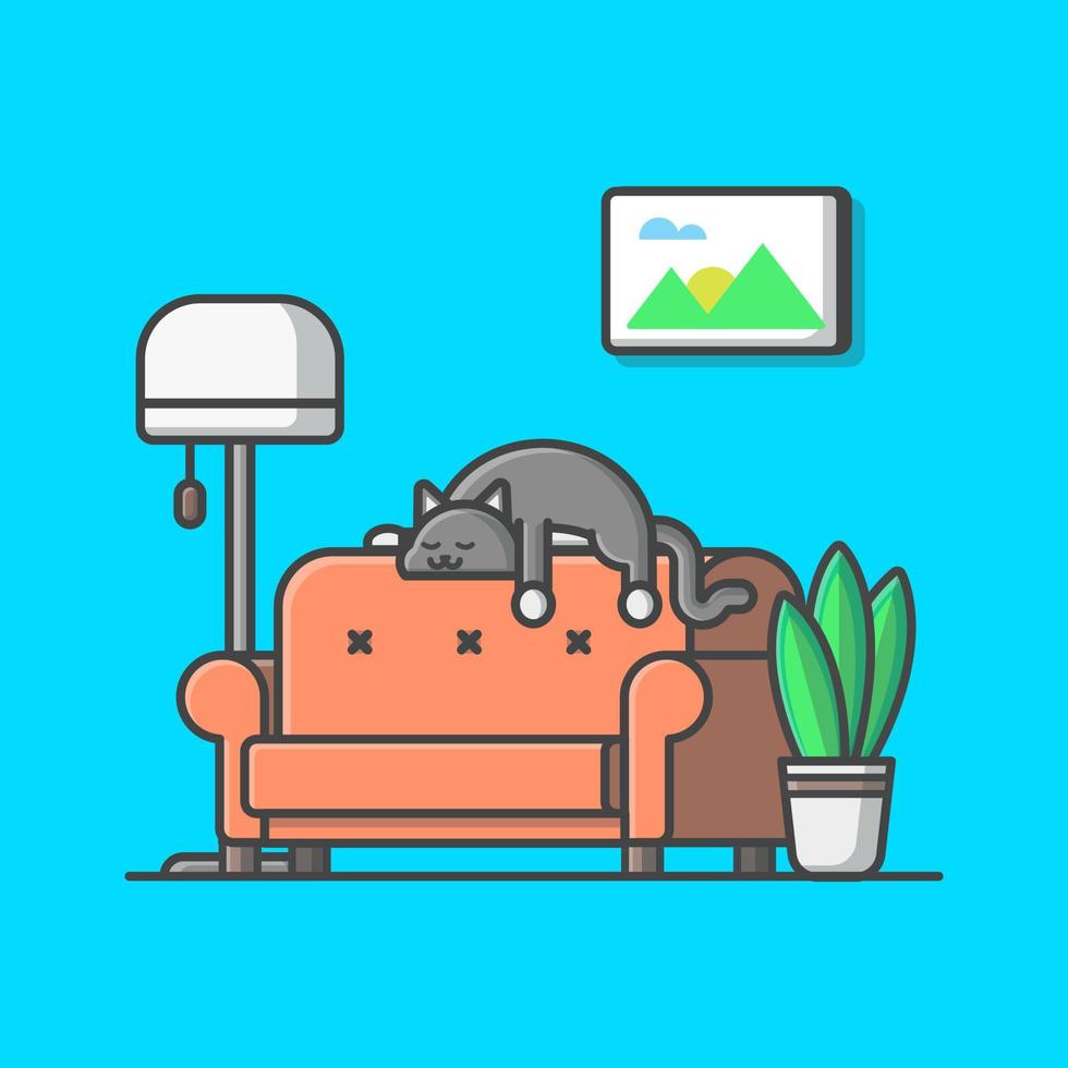 lindo gato durmiendo en la ilustración de icono de vector de dibujos animados de sofá. concepto de icono de naturaleza animal vector premium aislado. estilo de dibujos animados plana