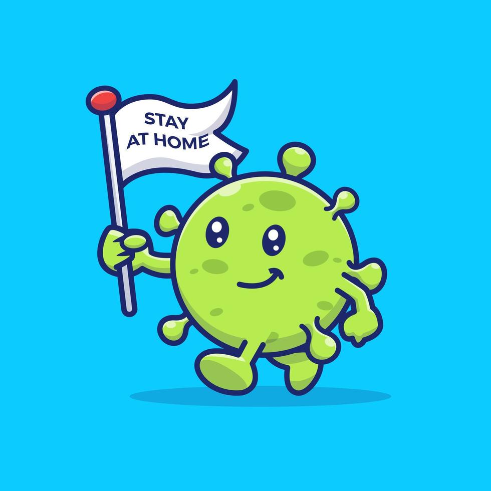 Cute Virus Stay At Home Cartoon Vector Icon Illustration.  People Medical Icon Concept Isolated Premium Vector. Flat  Cartoon Style