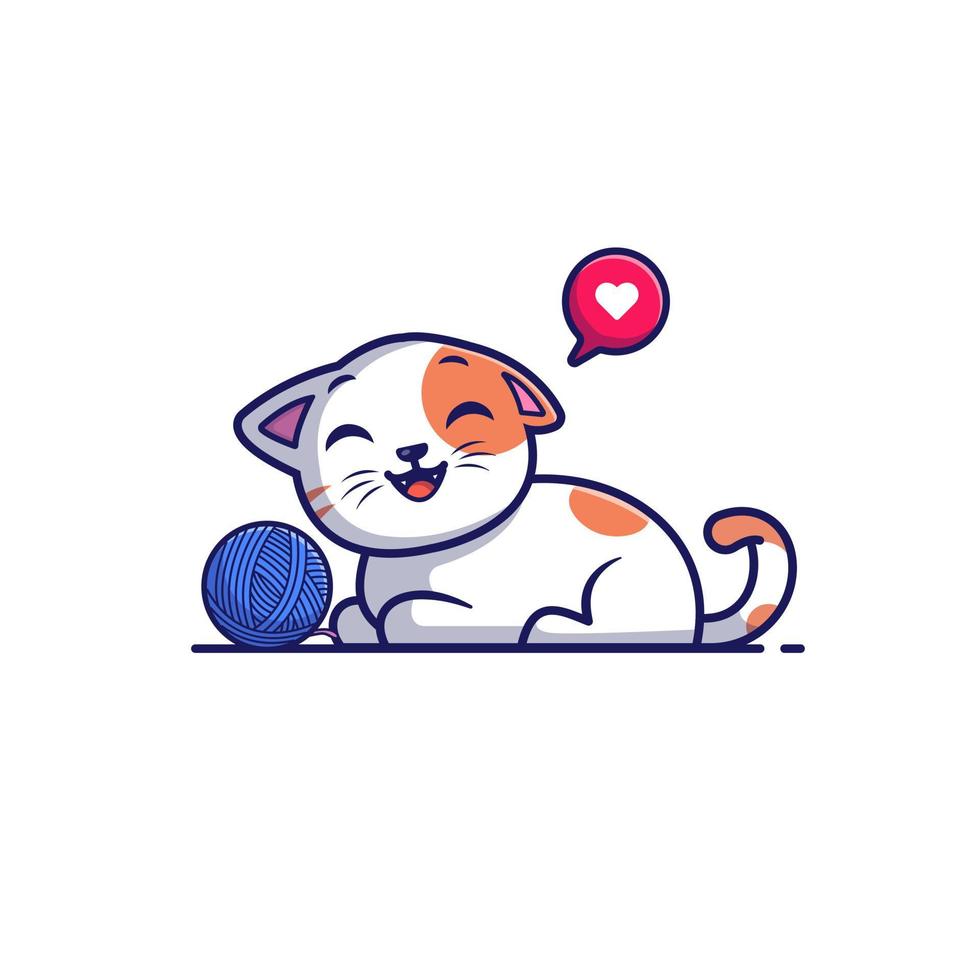 Cute Cat Playing Yarn Ball Cartoon Vector Icon Illustration.  Animal Nature Icon Concept Isolated Premium Vector. Flat  Cartoon Style