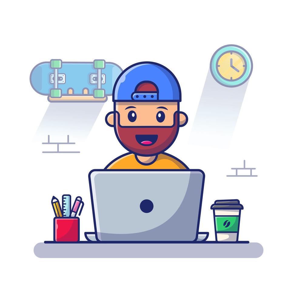 Male Working On Laptop Cartoon Vector Icon Illustration.  Business Technology Icon Concept Isolated Premium Vector.  Flat Cartoon Style