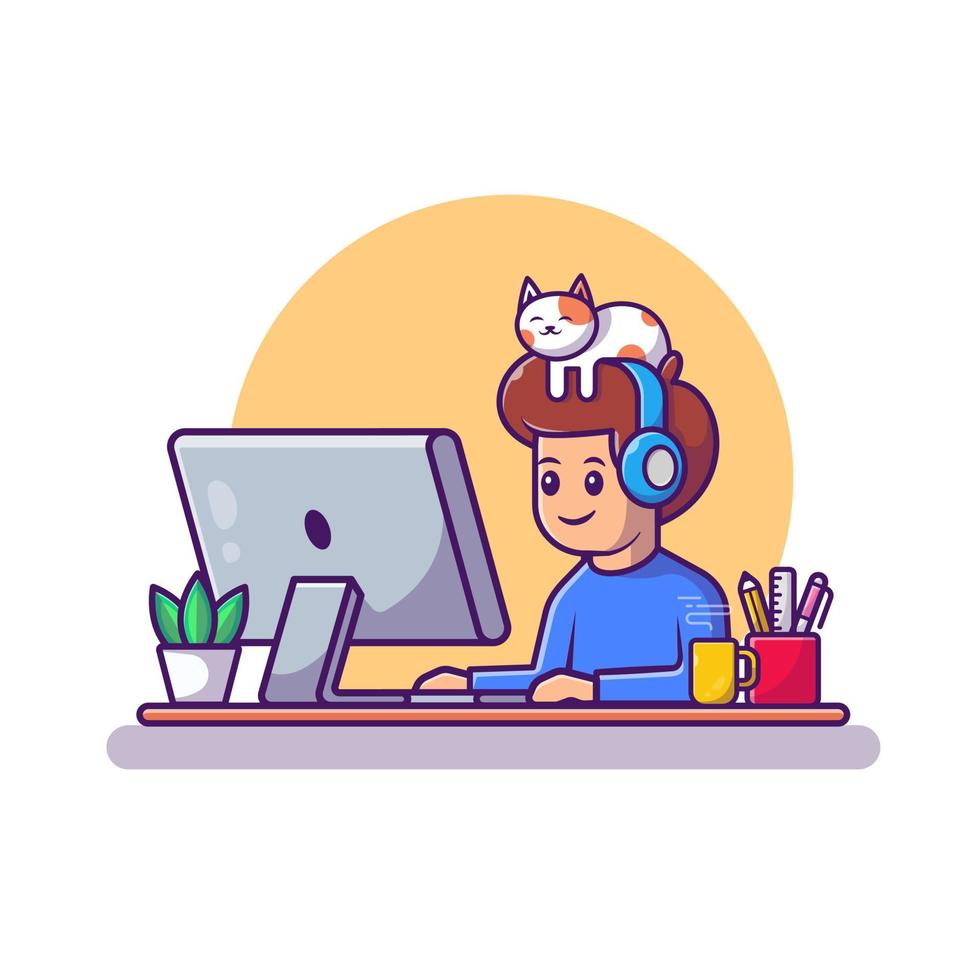 hombre trabajando en computadora con ilustración de icono de vector de dibujos animados de gato. concepto de icono de tecnología de personas vector premium aislado. estilo de dibujos animados plana